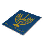 Golden Menorah Tile<br><div class="desc">Square ceramic tile with an image of a golden menorah and optional text on royal blue. See matching paper plate and coasters. See the entire Hanukkah Tile collection under the HOME category in the HOLIDAYS section.</div>