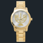 Golden Menorah Watch<br><div class="desc">Unisex over-sized gold bracelet watch with an image of a golden menorah on gleaming silver. See matching square button,  square charm,  large square premium metal keychain and square necklace. See the entire Hanukkah Wrist Watch collection under the ACCESSORIES category in the HOLIDAYS section.</div>