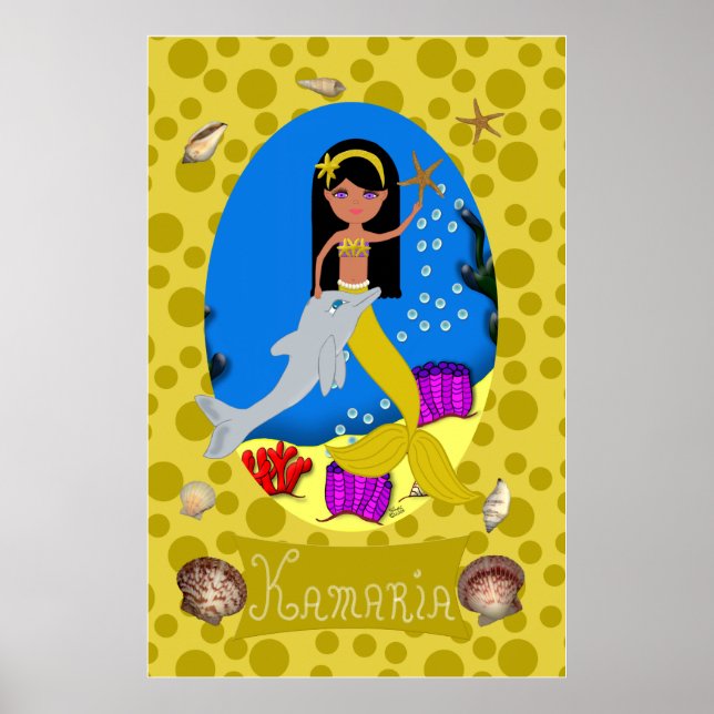 Golden Mermaid and Dolphin Print (Front)