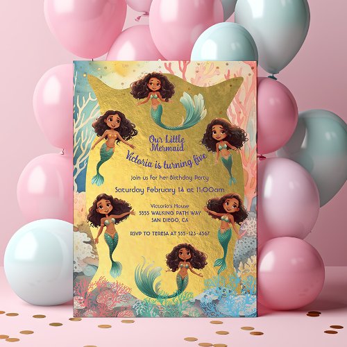 Golden Mermaid BIrthday Party under the sea Invitation