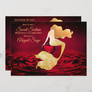 Golden Mermaid with Red Heart Sweet 16 Birthday Invitation