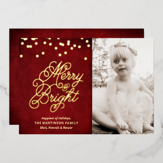 Golden Merry & Bright on Red Photo  Foil Holiday Card