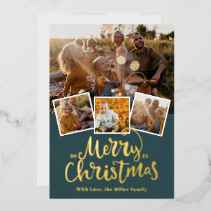 Golden Merry Christmas Elegant Photo collage Foil Holiday Card