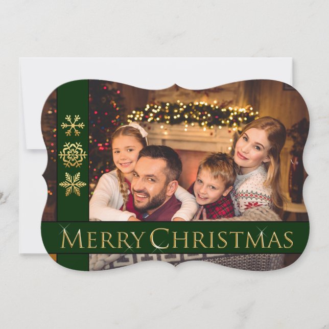 Golden Merry Christmas Fancy Cut Family Photo Holiday Card (Front)