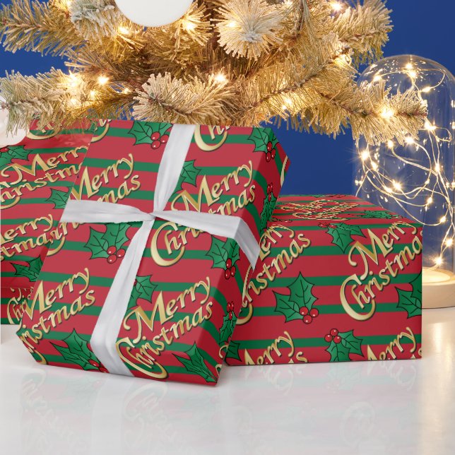 Golden Merry Christmas Holly Wrapping Paper (Holidays)