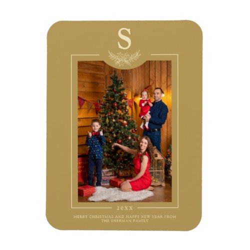 Golden Merry Christmas Monogrammed Photo Family Magnet