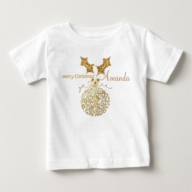 Golden Merry Christmas Ornament Ball & Holly Baby T-Shirt (Front)