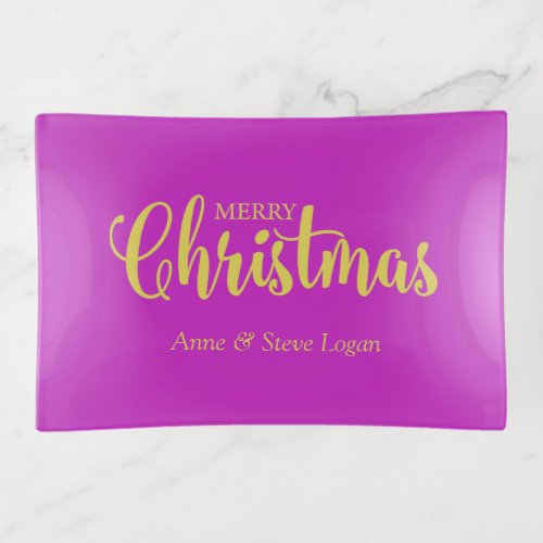 Golden Merry Christmas Quote in Fuchsia Trinket Tray