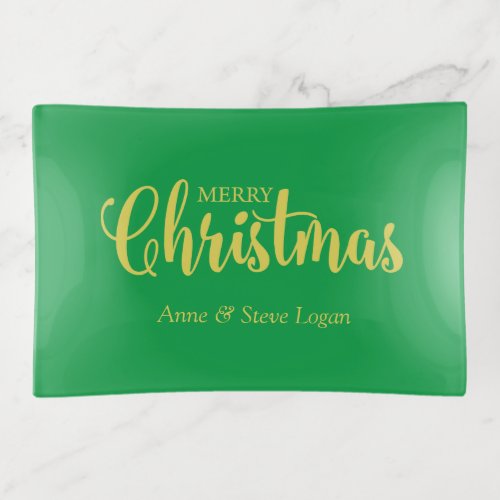 Golden Merry Christmas Quote in Green Trinket Tray