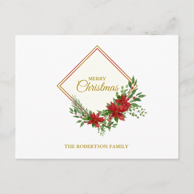 Golden Merry Christmas Quote with Poinsettias Postcard (Front)