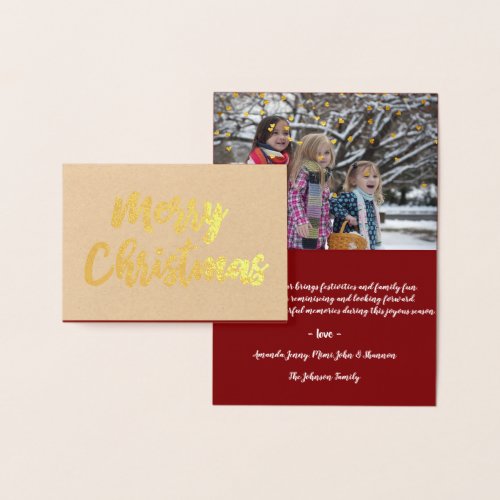 Golden Merry Christmas Script Foto Hearts Snow Foil Card