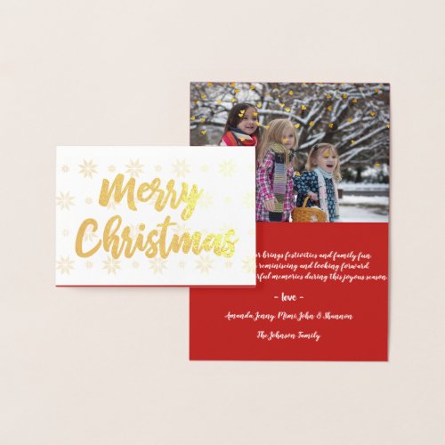 Golden Merry Christmas Script Foto Hearts Snow Foil Card