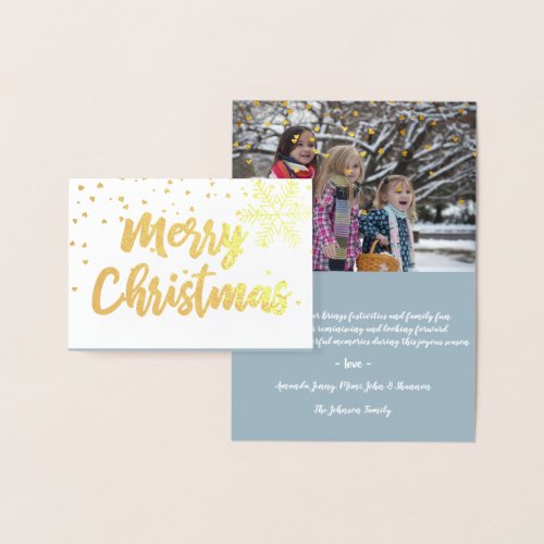 Golden Merry Christmas Script Photo Hearts Snow Foil Card