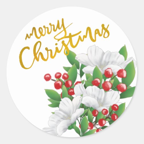 Golden Merry Christmas White Red Green Floral Classic Round Sticker