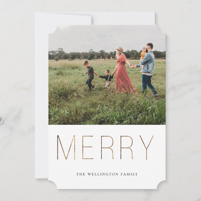 Golden MERRY Modern Photo Holiday Card (Front)