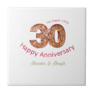 Golden Metallic 30th Happy anniversary add name Ceramic Tile