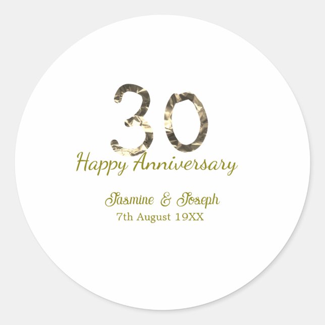 Golden Metallic 30th Happy anniversary add name Classic Round Sticker (Front)