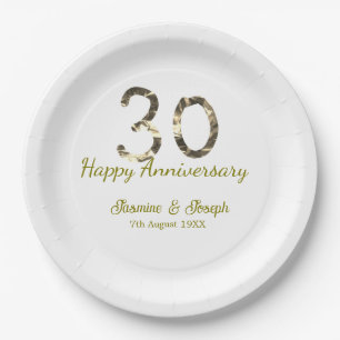Golden Metallic 30th Happy anniversary add name Paper Plates