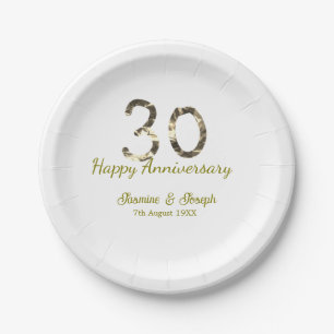 Golden Metallic 30th Happy anniversary add name Paper Plates
