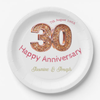 Golden Metallic 30th Happy anniversary add name Paper Plates