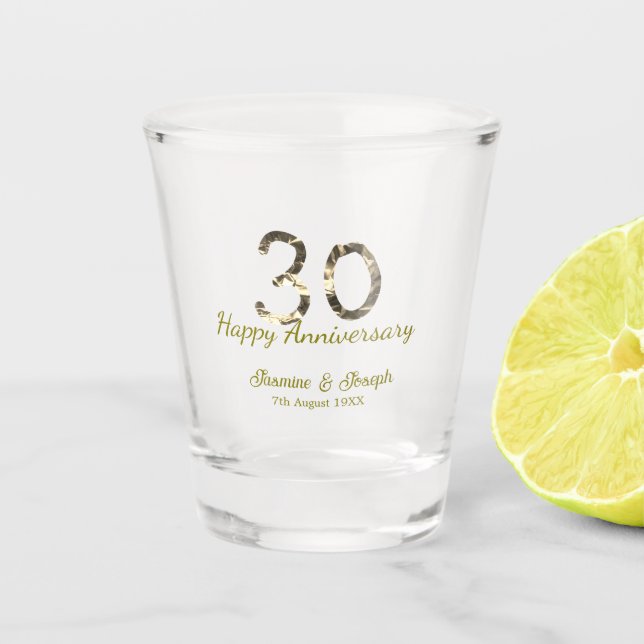 Golden Metallic 30th Happy anniversary add name Shot Glass (Front)