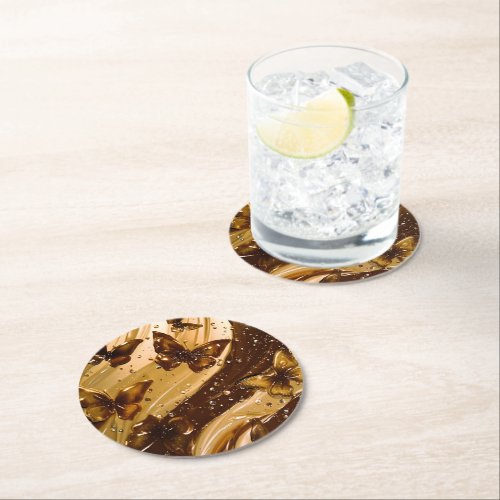 Golden Metallic Butterfly Glam Abstract Round Paper Coaster