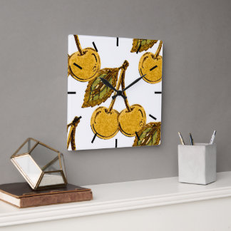 Golden Metallic Cherries Pattern Square Wall Clock