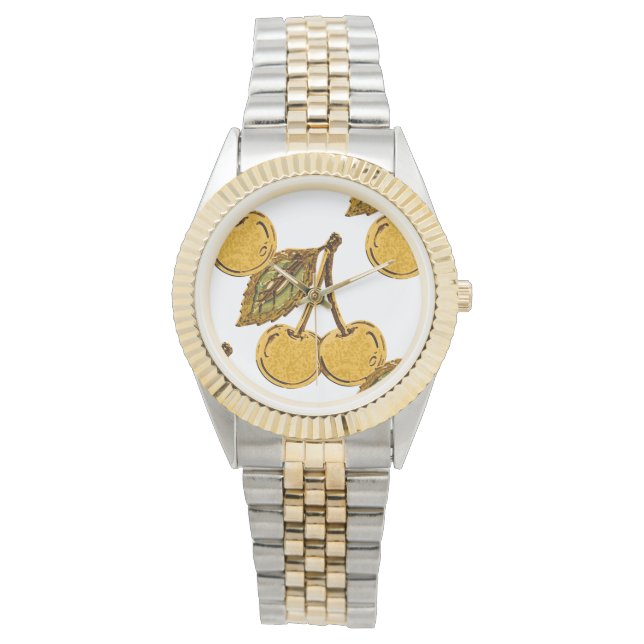 Golden Metallic Cherries Pattern Watch (Front)