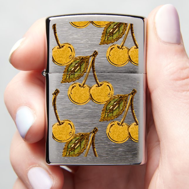 Golden Metallic Cherries Pattern Zippo Lighter (In Hand)