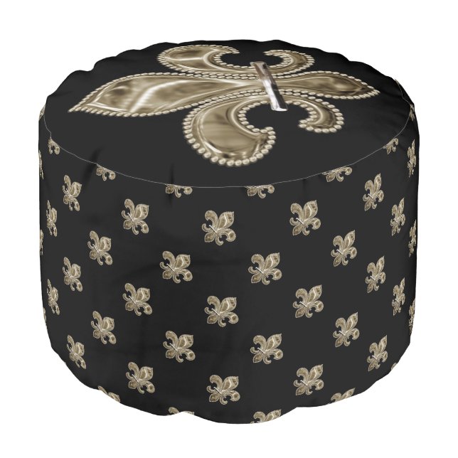 Golden Metallic Effect Fleur de Lis on Black Pouf (Angled Front)