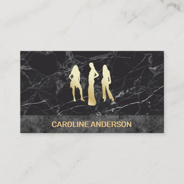 Golden Metallic Models | Black Marble Color Block Business Card (Front)