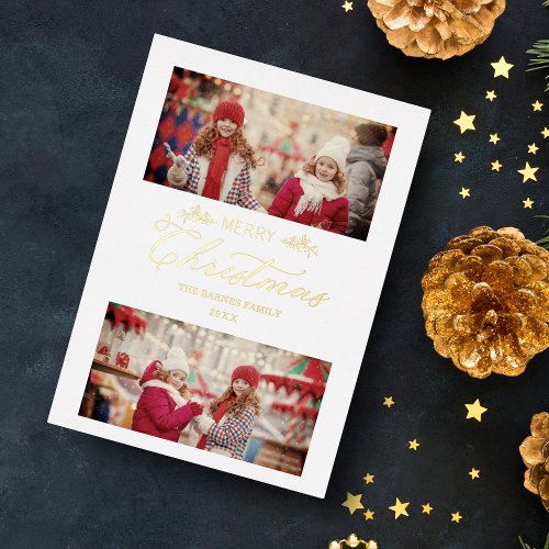 Golden Minimalist Merry Christmas Botanical  Foil Holiday Card