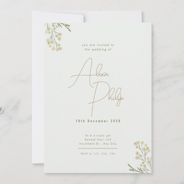Golden Minimalist watercolor Flowers Wedding  Invitation (Front)