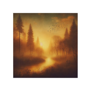 Golden Mist Reflections by River in Autumn Woods Wood Wall Art