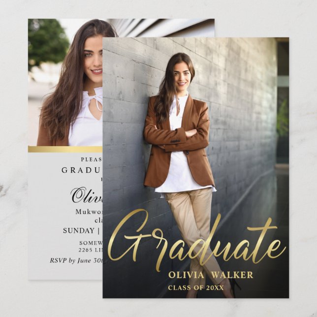 Golden Modern 2 PHOTO Graduation Party Invitation (Front/Back)