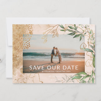 Golden Modern Eucalyptus Greenery Abstract Photo Save The Date