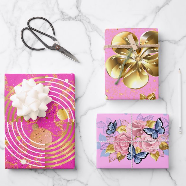 Golden Modern Geometric and Flowers Galore Wrapping Paper Sheets (Front)