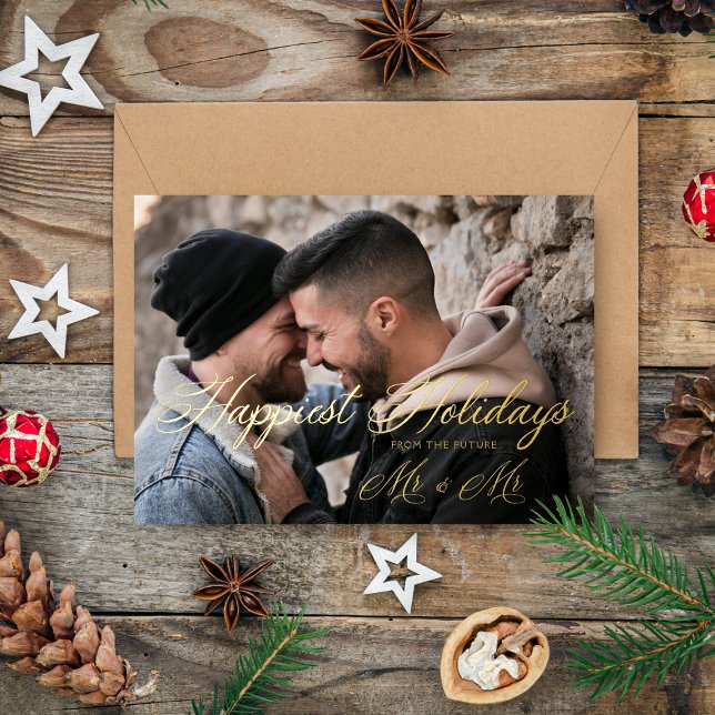 Golden Modern Mr & Mr Happiest Holidays Christmas Foil Holiday Card (Creator Uploaded)