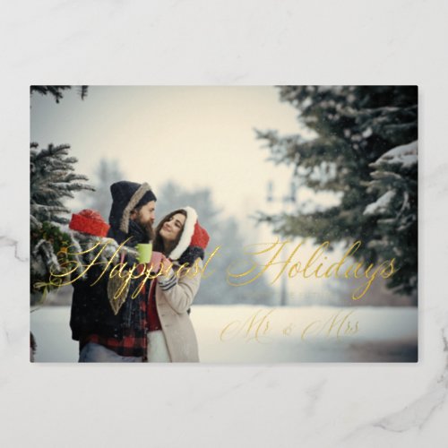 Golden Modern Mr  Mrs Happiest Holidays Christmas Foil Holiday Card