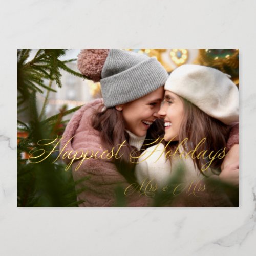 Golden Modern Mrs  Mr Happiest Holidays Christmas Foil Holiday Card