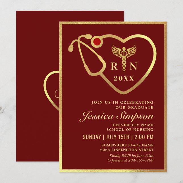 Golden Modern Nursing School Graduation Party  Invitation (Front/Back)