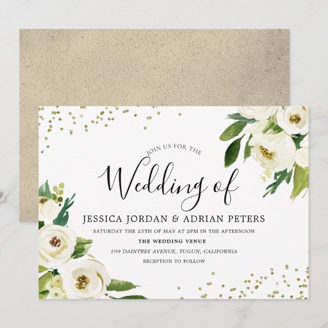 Golden Modern White Floral Wedding Invite (Front/Back)