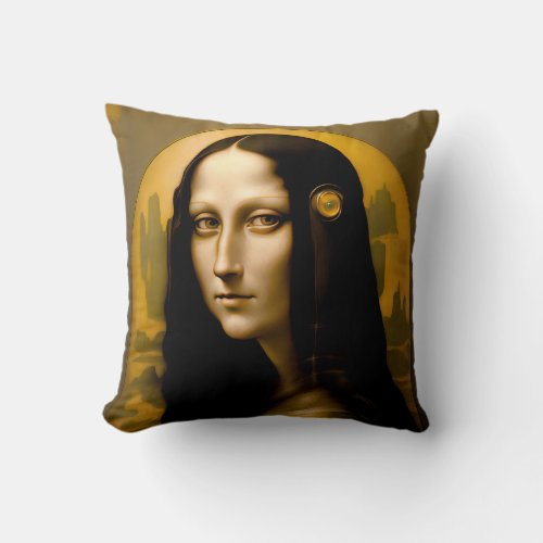 Golden Mona Lisa Cyborg Throw Pillow