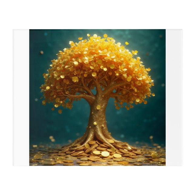 Golden money tree gold coins happy rich acrylic print (Front)