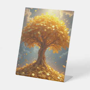 golden money tree gold coins pedestal sign