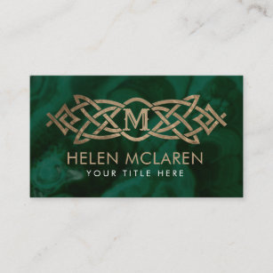 Golden Monogram Celtic Knot Ornament  on malachite Business Card