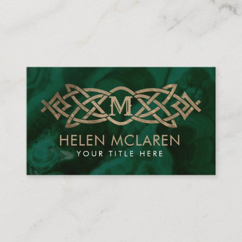Golden Monogram Celtic Knot Ornament  on malachite Business Card