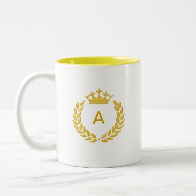 Golden Monogram & Crown with Laurel Leaves  Two-Tone Coffee Mug (Left)