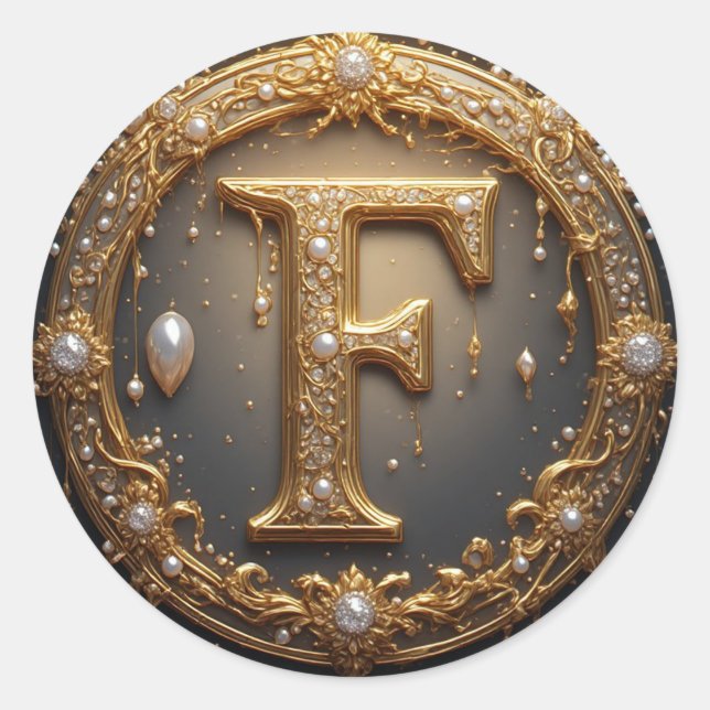 Golden Monogram Initial Letter F Classic Round Sticker (Front)