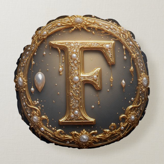 Golden Monogram Initial Letter F Round Pillow (Front)